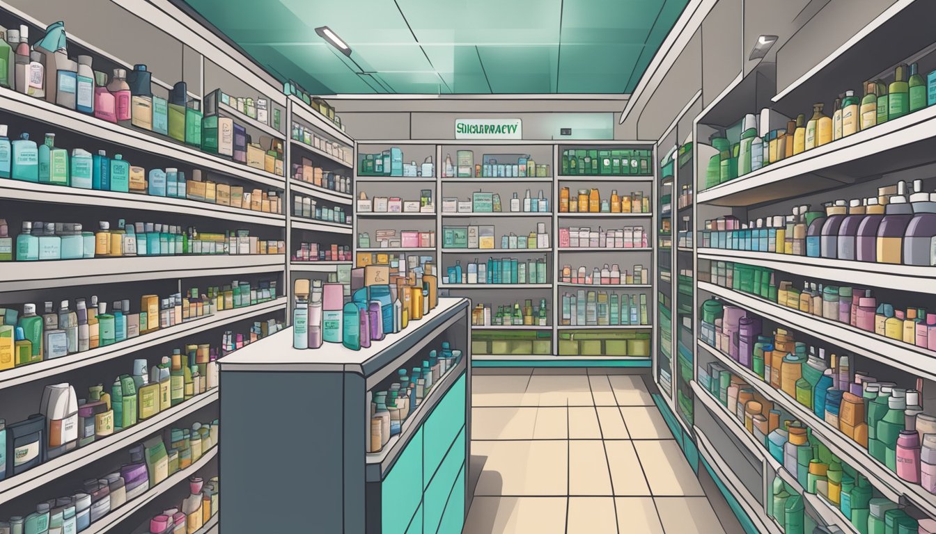 A bustling Singaporean pharmacy displays Dr. Groot shampoo on its shelves, surrounded by other hair care products