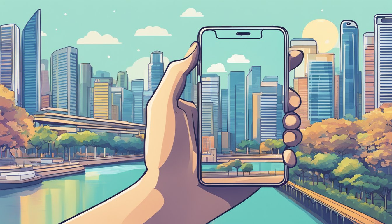 A hand holding a Google Pixel phone with a Singapore skyline in the background