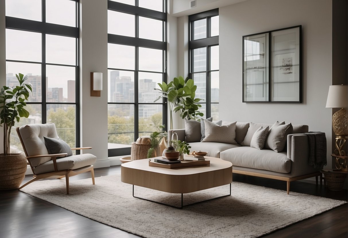 A modern living room with sleek furniture, neutral color scheme, and pops of vibrant accents. Large windows let in natural light, and artwork adorns the walls