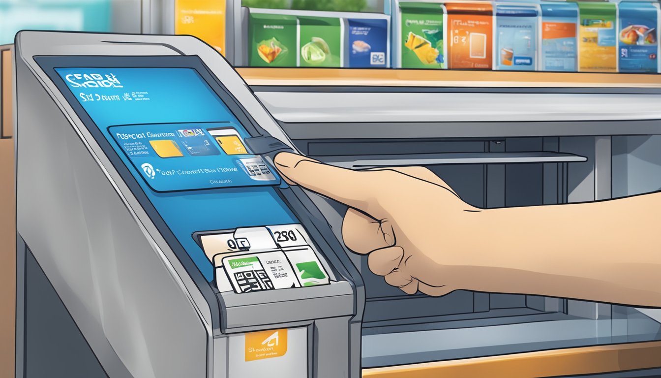 A hand reaches out to grab a Touch 'n Go card from a kiosk in Singapore. The kiosk is brightly lit with a clear display of the card options available for purchase