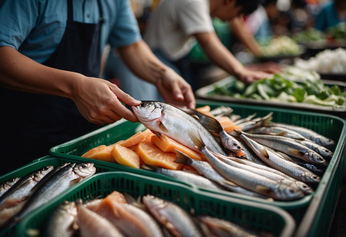 A hand reaches for a fresh fish fillet in a bustling Chinese market. The vendor carefully selects the perfect fish for a traditional recipe