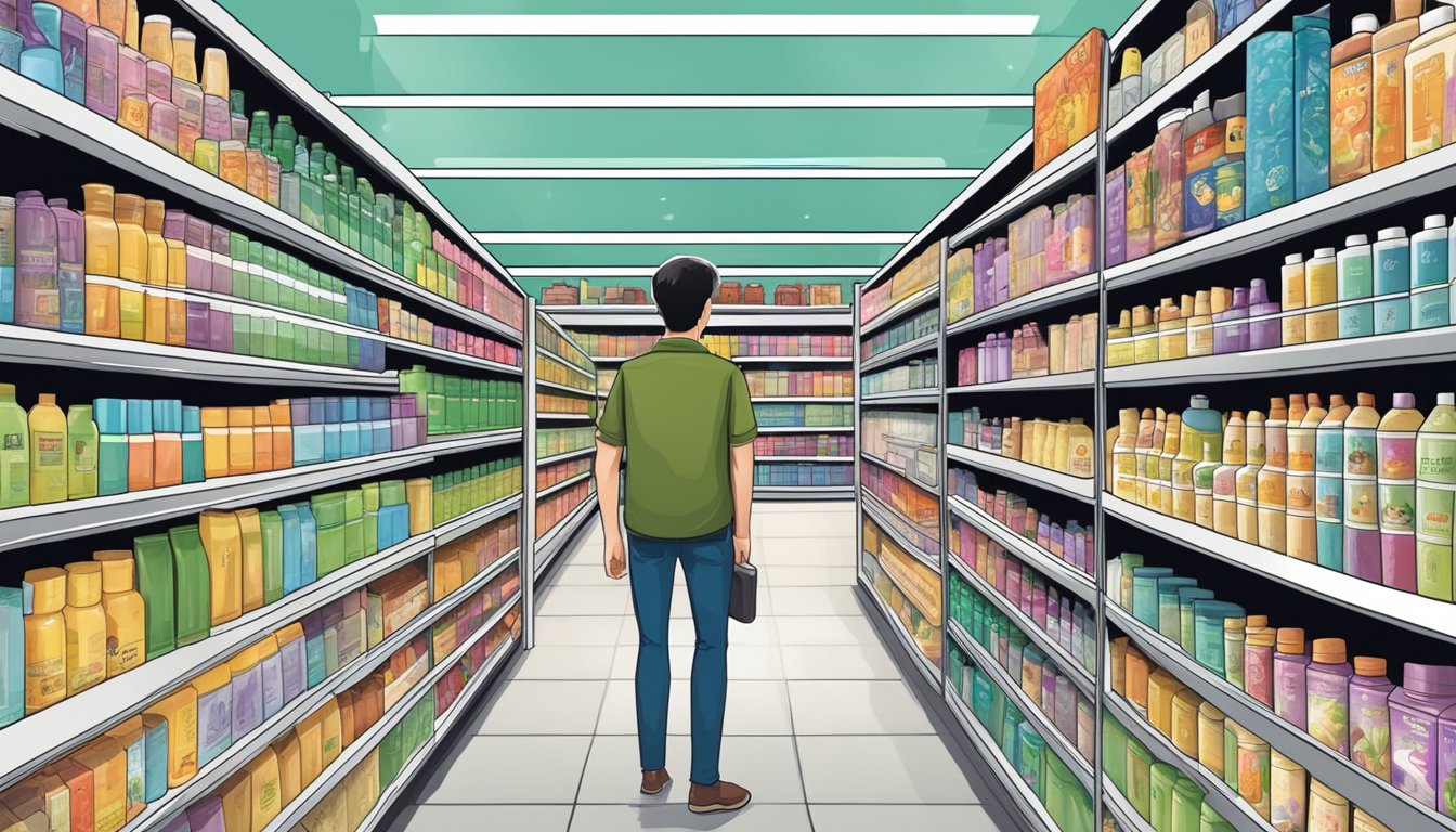 A customer browsing shelves of various stores in Singapore, looking for Dr Groot shampoo