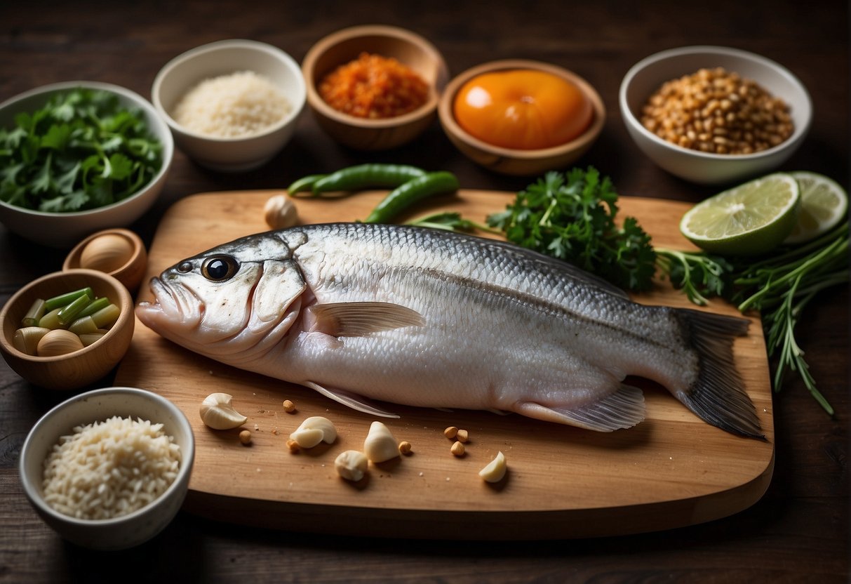 A clean, organized kitchen with a variety of essential Chinese ingredients and pantry staples. A fresh fish fillet is neatly placed on a cutting board, ready to be prepared for a delicious recipe