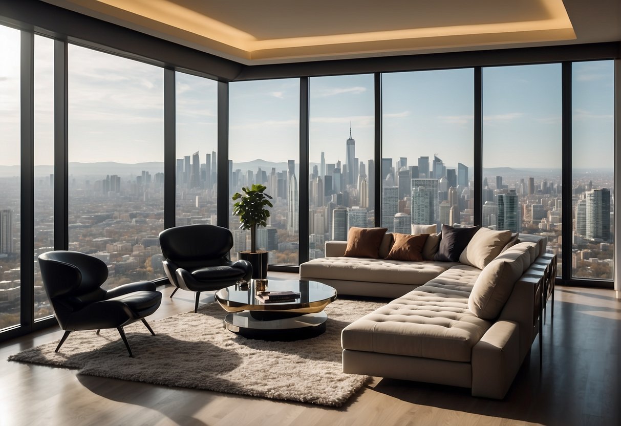 A luxurious living room with modern furniture and elegant decor, featuring a stunning city view through floor-to-ceiling windows