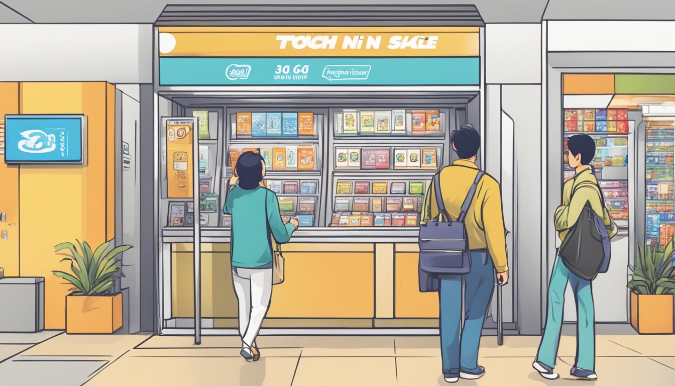 A customer approaches a kiosk in a bustling Singapore shopping mall, where a sign prominently displays "Touch 'N Go Cards for Sale." The kiosk attendant stands ready to assist