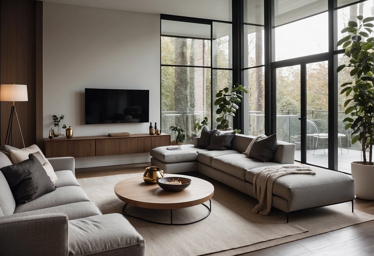 A modern, sleek living room with a mix of residential and commercial design elements. Clean lines, neutral colors, and a balance of natural and artificial lighting