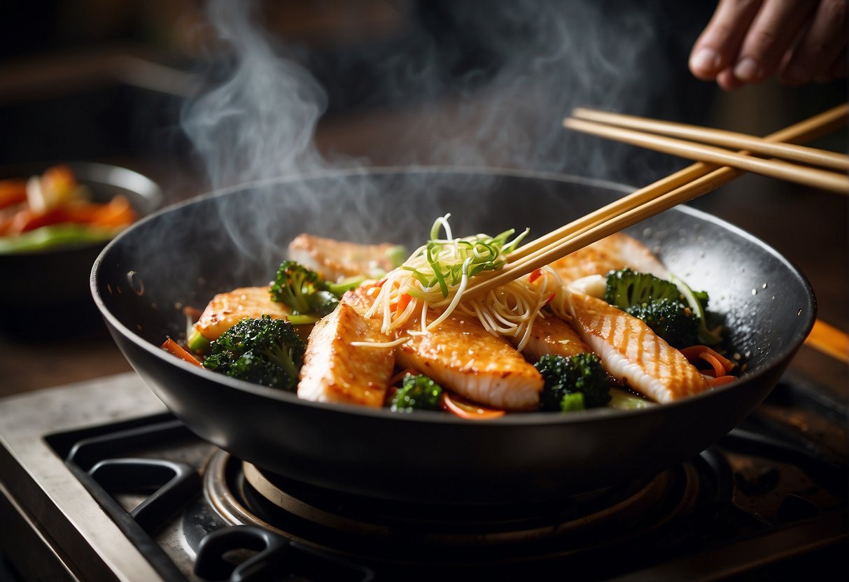A wok sizzles with fish fillet, as a chef uses chopsticks to flip it. A cleaver and bamboo steamer sit nearby