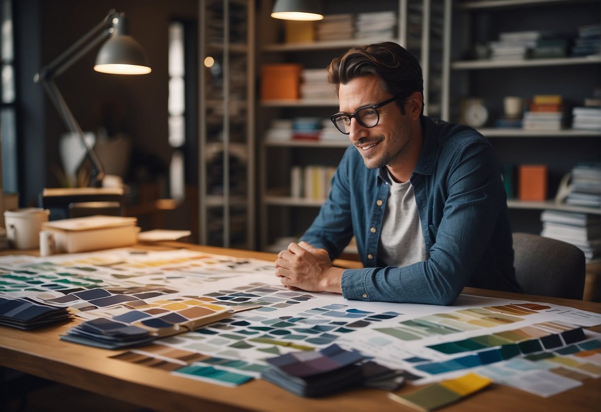 A designer sits at a desk, surrounded by fabric swatches and paint samples. A floor plan and budget spreadsheet lay in front of them