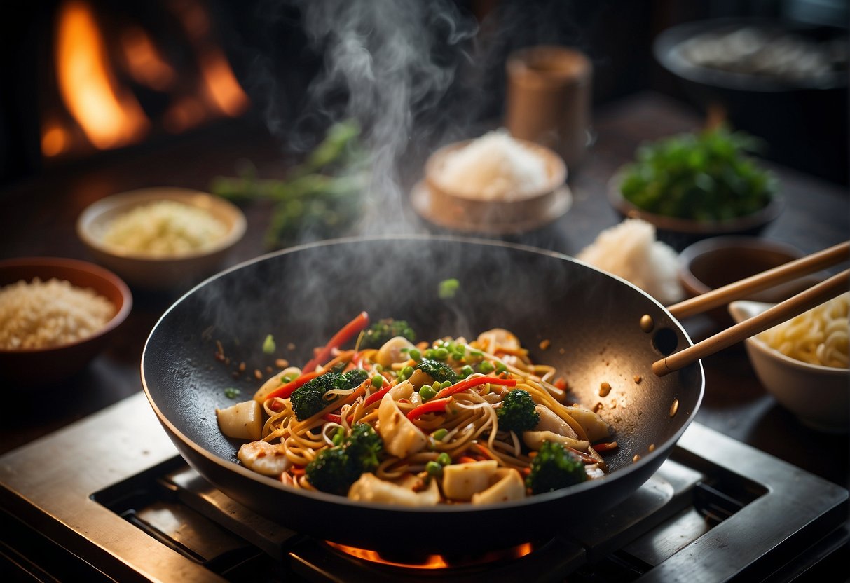 A wok sizzles with stir-fry, surrounded by ginger, garlic, and soy sauce. Chopsticks rest nearby, ready to toss and blend the essential Chinese flavors