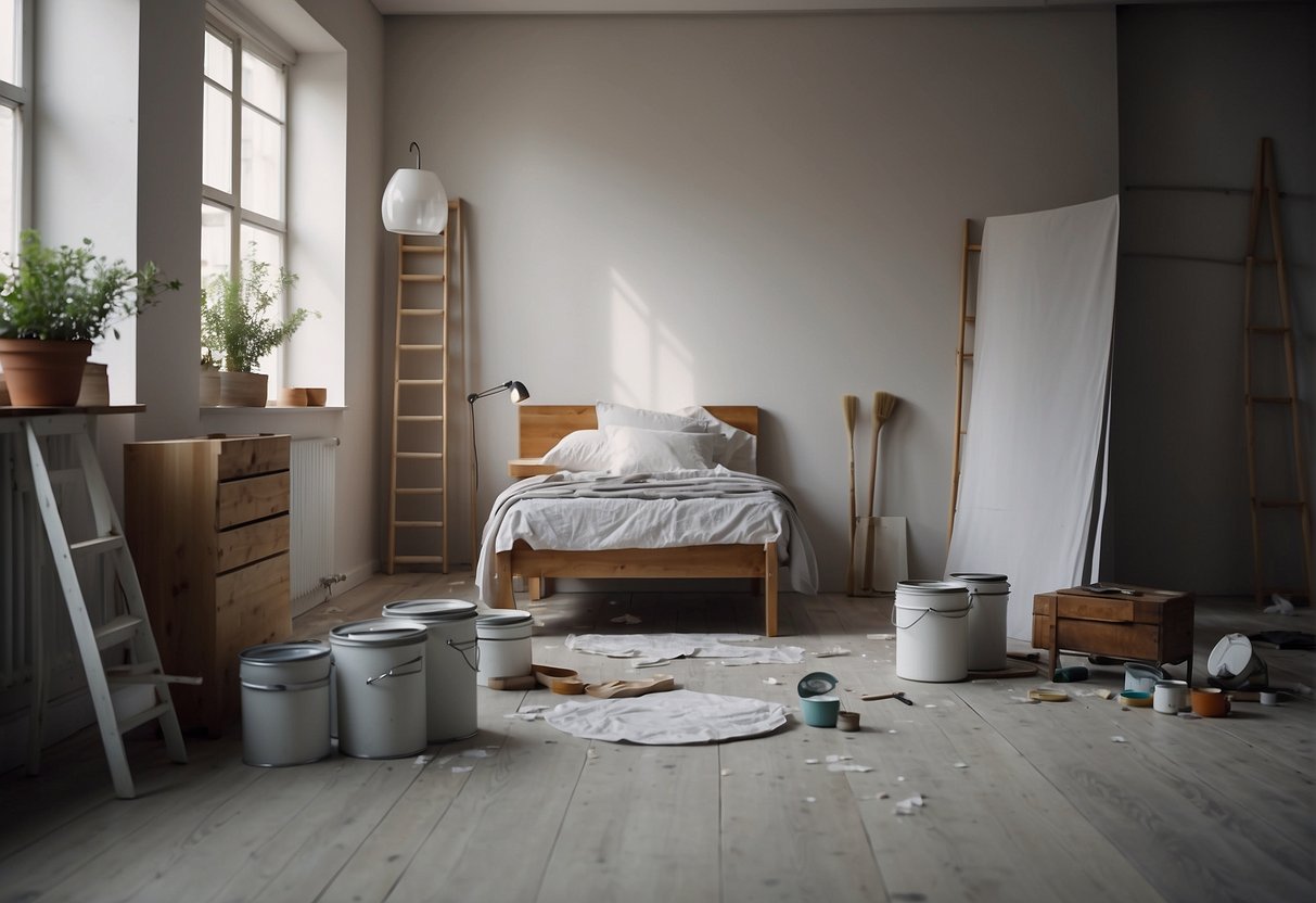 A room with bare walls and furniture covered in sheets. Paint cans and brushes scattered on the floor. Design plans pinned to the wall