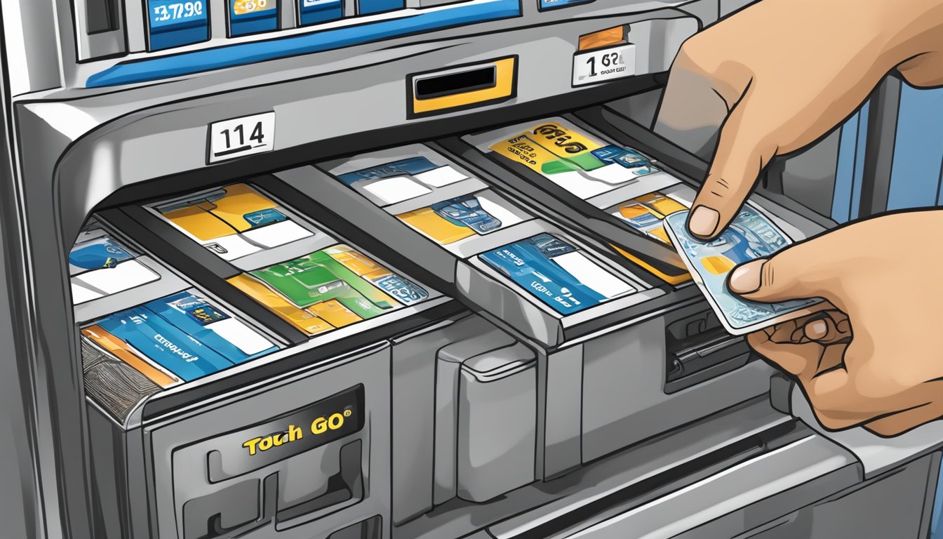 A hand reaches for a Touch 'N Go card at a vending machine. The card is then reloaded with cash at a designated reloading station