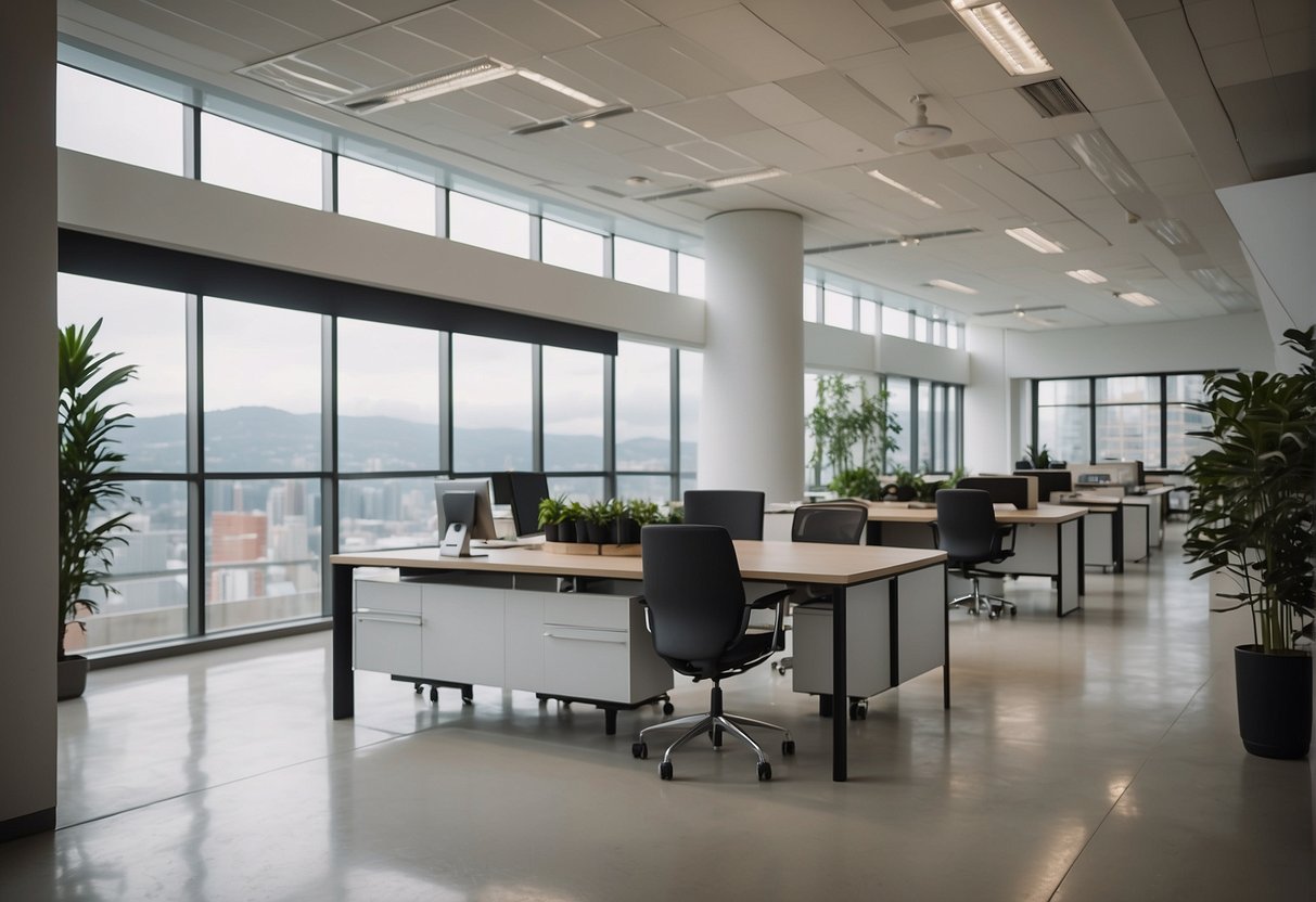 A sleek, modern office space with clean lines and minimalist decor, featuring large windows and natural light. A mix of neutral tones and pops of color create a sophisticated and inviting atmosphere