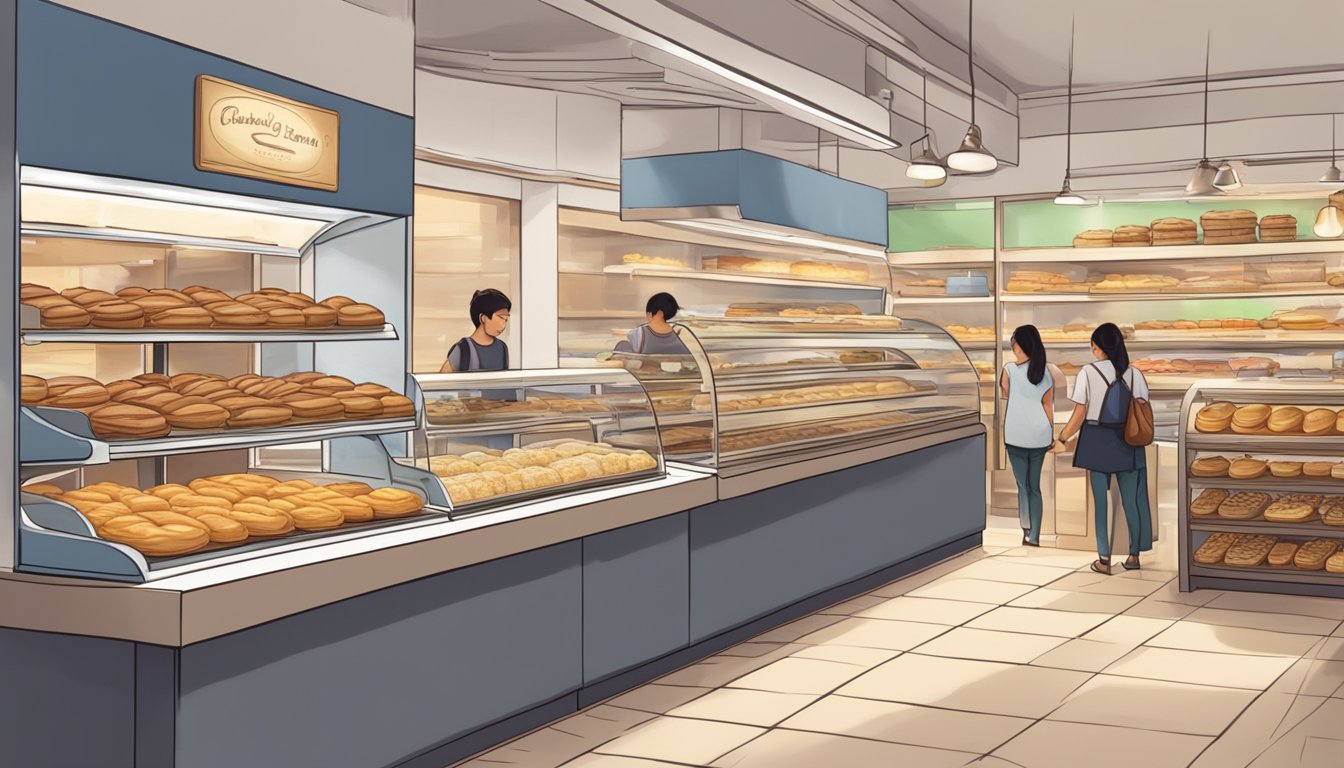 A bustling bakery in Singapore sells freshly made éclairs. Shelves display a variety of flavors while customers line up to make their purchases
