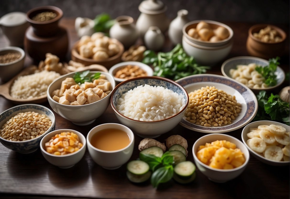 A table filled with traditional Chinese dishes for breastfeeding mothers. Ingredients like ginger, sesame, and lotus seeds are prominently featured