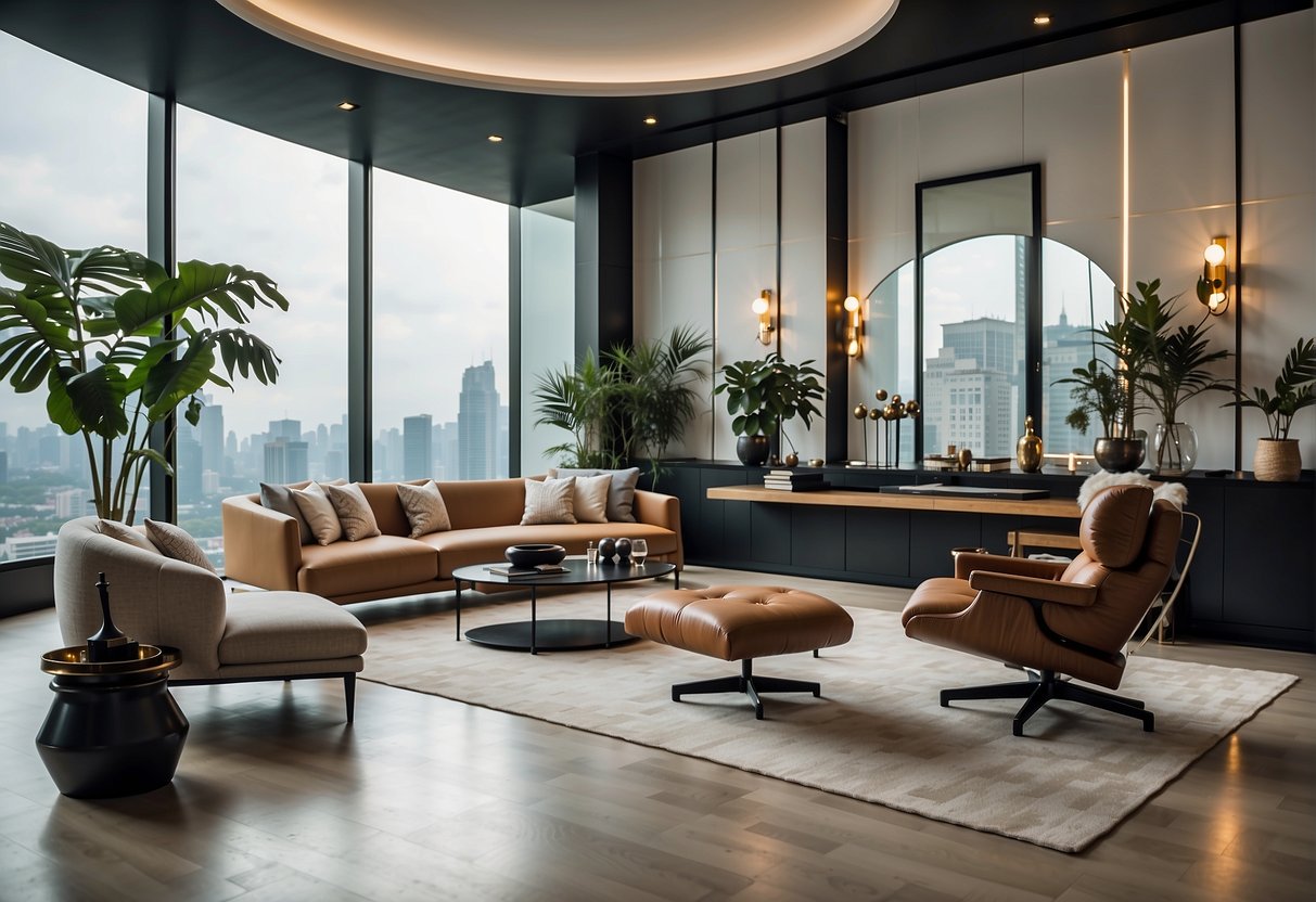 A stylish and modern interior design studio in Singapore, with a sleek and minimalist aesthetic. The space is filled with luxurious furniture and decor, creating a welcoming and sophisticated atmosphere
