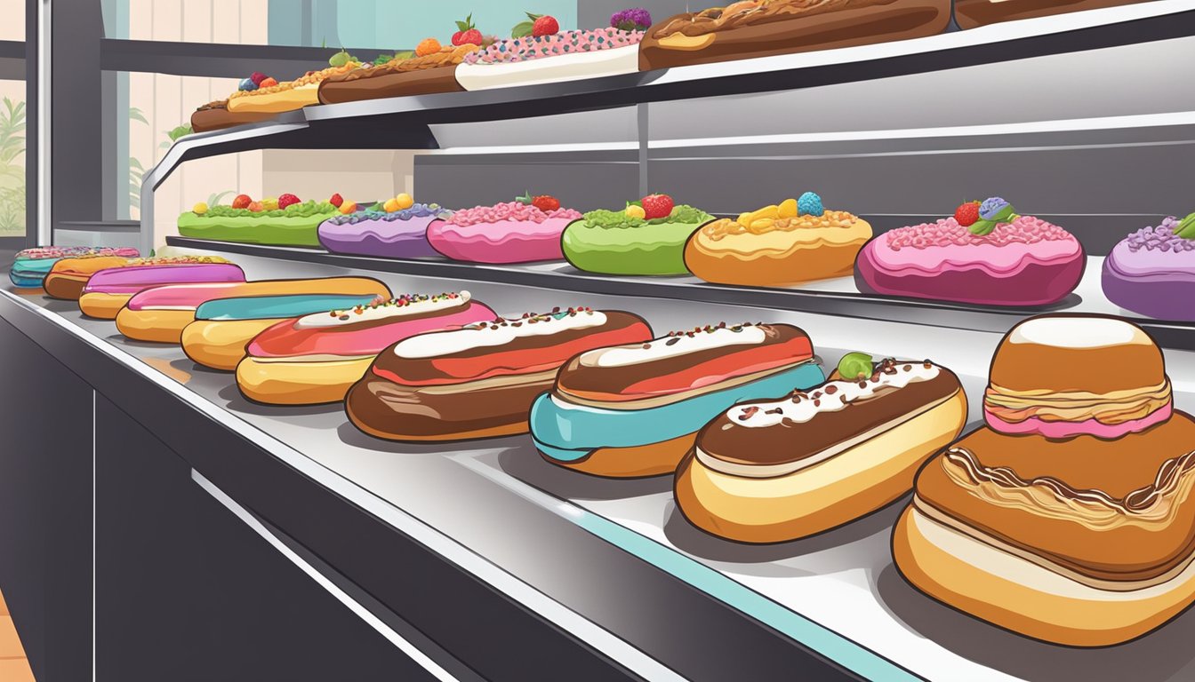 A vibrant display of colorful eclairs lined up on a sleek, modern pastry shop counter in Singapore. The shop's logo is prominently displayed, and the eclairs are arranged neatly with various flavors and toppings