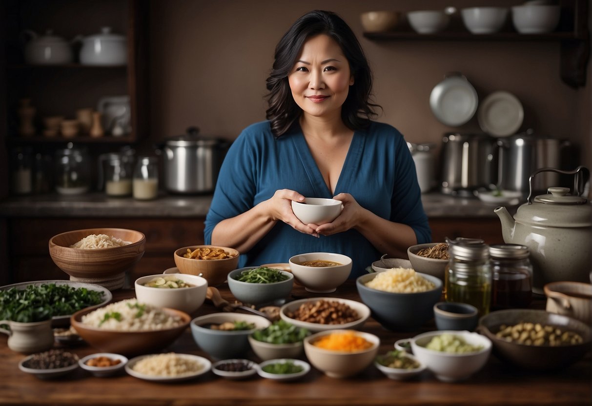 A mother sits cross-legged, surrounded by bowls of nourishing Chinese soups and herbal teas. Steam rises from the dishes as she carefully prepares the recipes for breastfeeding mothers
