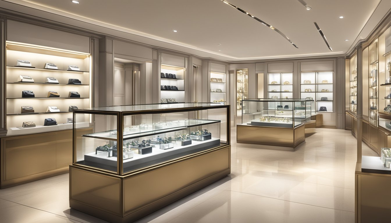 A display of luxury watches gleaming in glass cases at a Singapore store, with elegant lighting and sleek modern decor