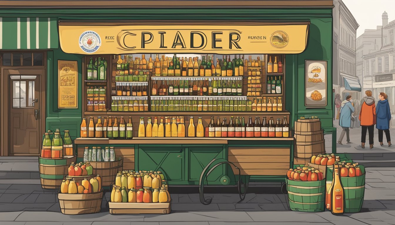 A bustling market stall displays an array of cider bottles from local and international producers. The vibrant labels catch the eye of passersby, while the aroma of crisp apples fills the air