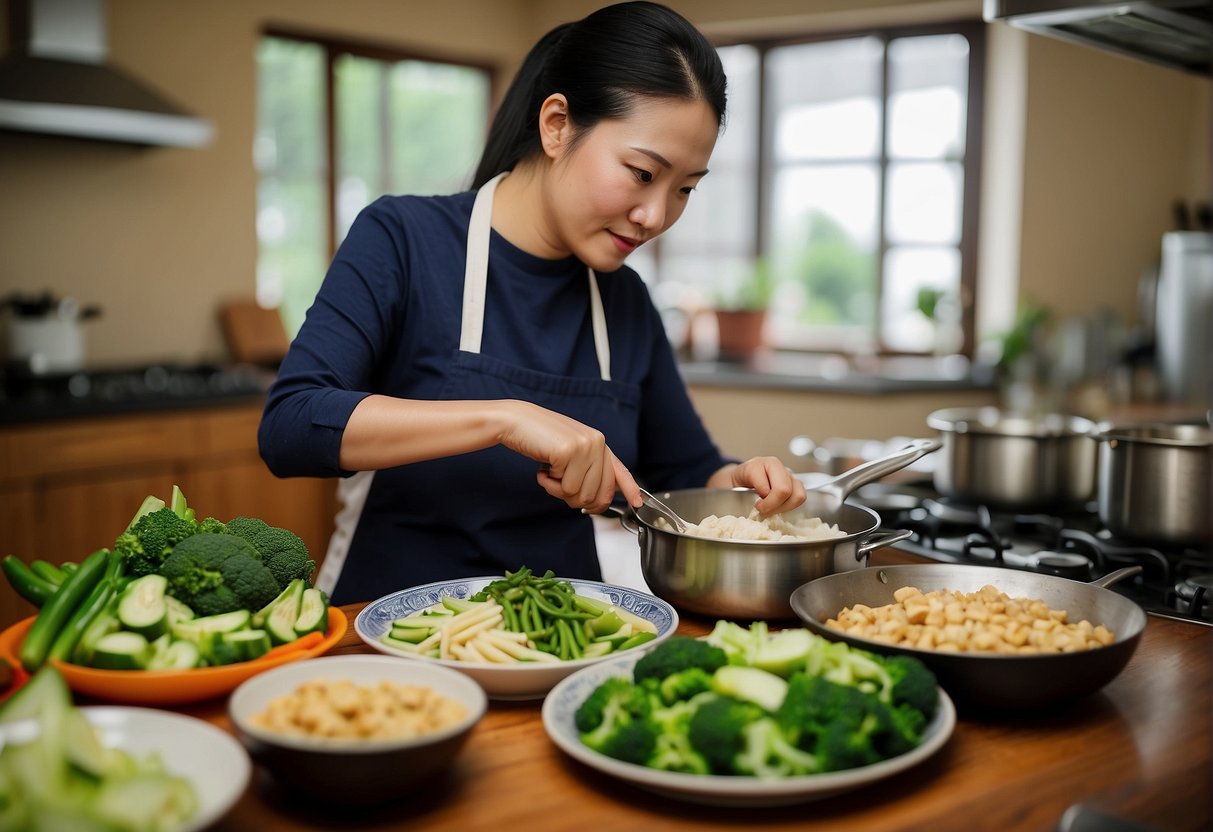 A breastfeeding mother prepares a variety of Chinese dishes rich in nutrients, such as steamed fish with ginger and green vegetables stir-fried with tofu