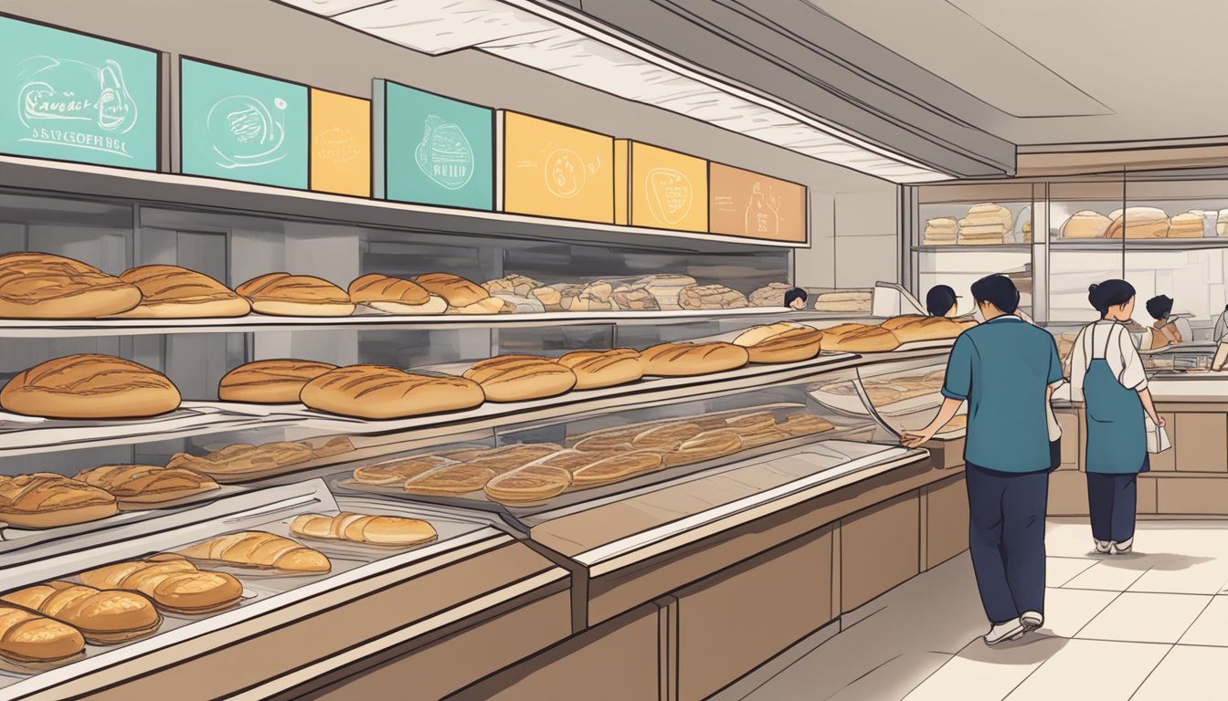 A bustling bakery in Singapore, with a display case filled with freshly baked éclairs and a sign indicating "Frequently Asked Questions: Where to buy éclair in Singapore."