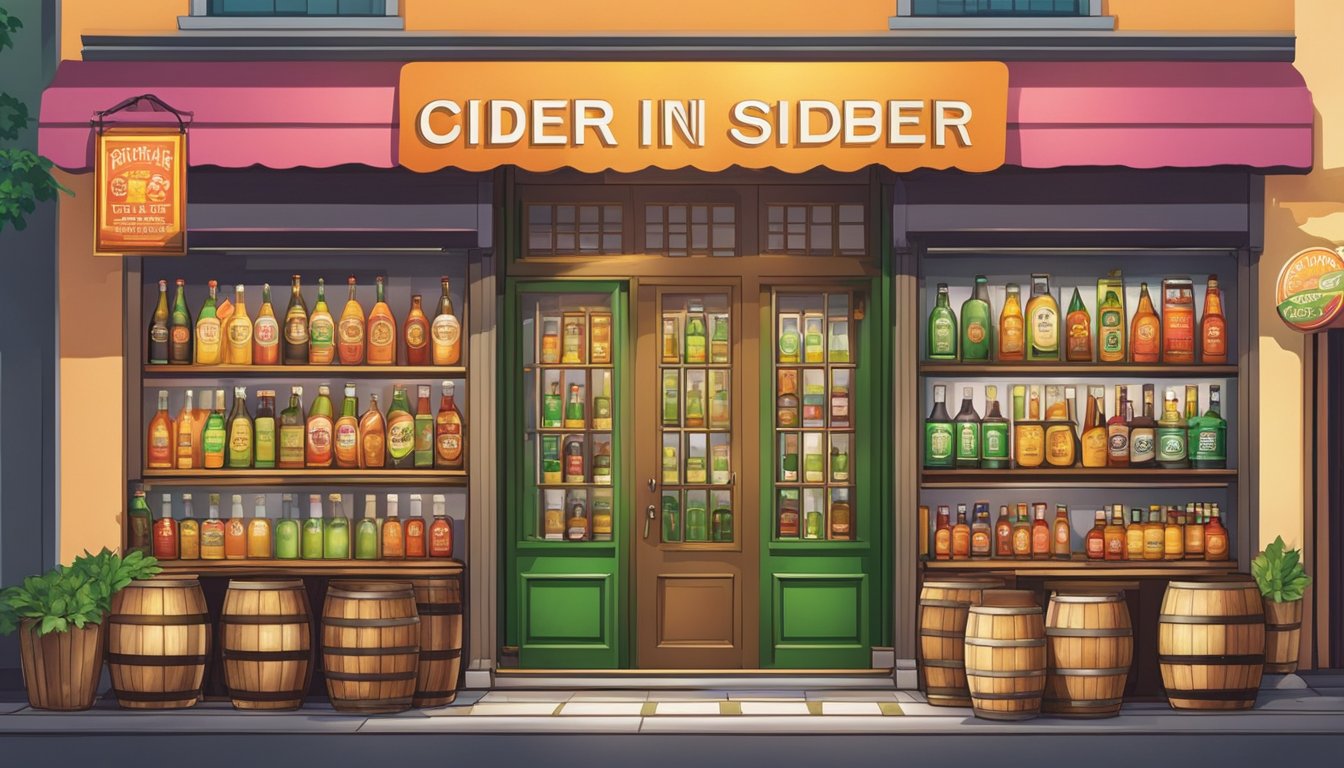 A row of colorful storefronts with signs advertising the best cider in Singapore. Vibrant displays of cider bottles and barrels line the shelves, inviting customers to explore the selection