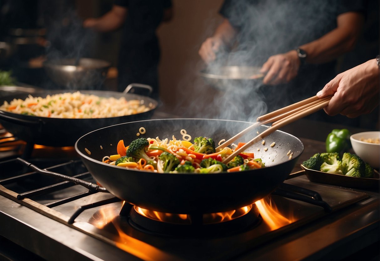 A wok sizzles with stir-fried veggies and meat, while a chef adds a dash of soy sauce and sprinkles of sesame seeds