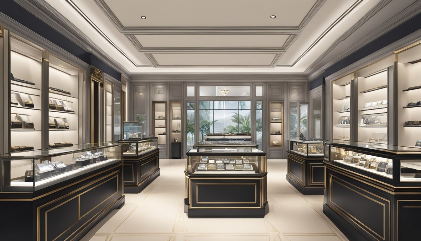 A luxurious watch boutique in Singapore, with elegant displays and attentive staff, offering high-quality timepieces at affordable prices