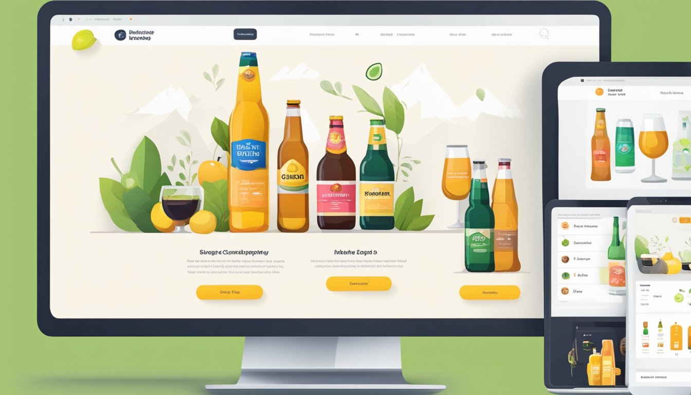 A bustling online marketplace with various cider brands displayed on the screen, accompanied by user reviews and ratings. The website features a sleek and modern design, with easy navigation for potential buyers in Singapore