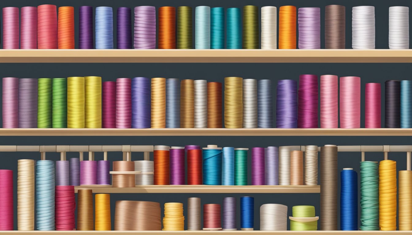 A store shelf displays various spools of elastic cord in a craft supply shop in Singapore