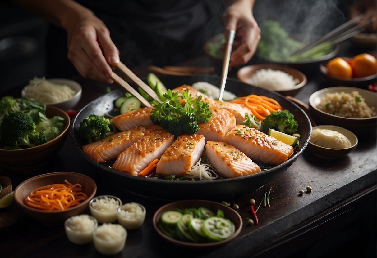 A chef preparing a traditional Chinese fish fillet dish while surrounded by various ingredients and cooking utensils