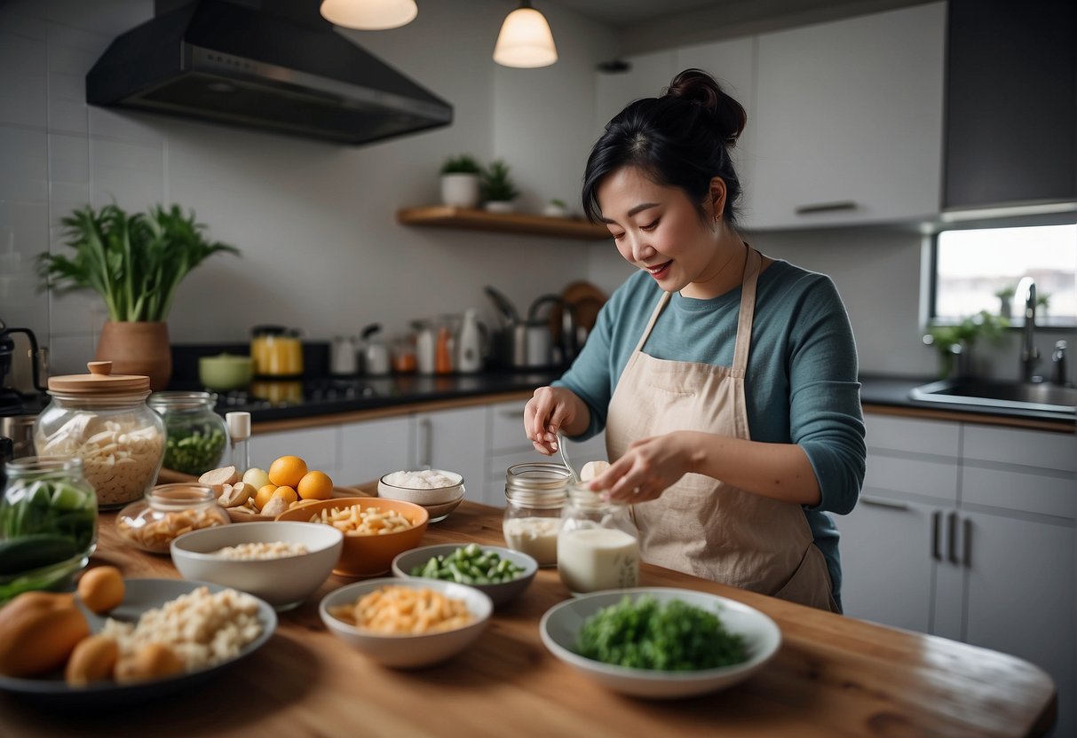 A breastfeeding mother cooks Chinese recipes in a modern kitchen, surrounded by baby supplies and healthy ingredients