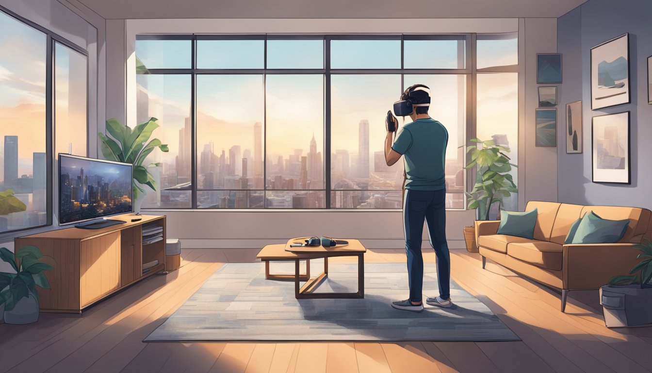 A person unboxing and setting up an Oculus Rift in a modern living room with a cityscape visible through the window