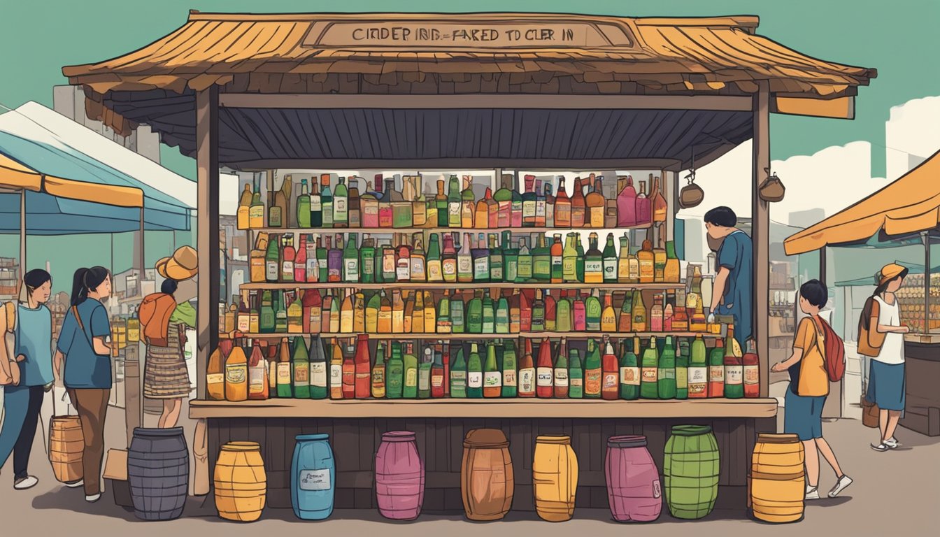 A bustling market stall with colorful cider bottles on display, a sign reading "Frequently Asked Questions: where to buy cider in Singapore" prominently placed
