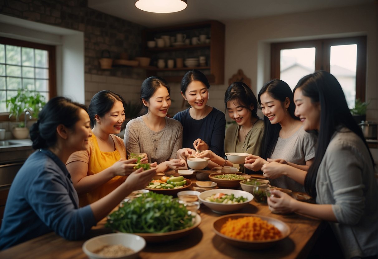 A group of women gather in a kitchen, exchanging traditional Chinese recipes for breastfeeding support. The room is filled with the aroma of herbs and spices as they bond over their shared cultural significance