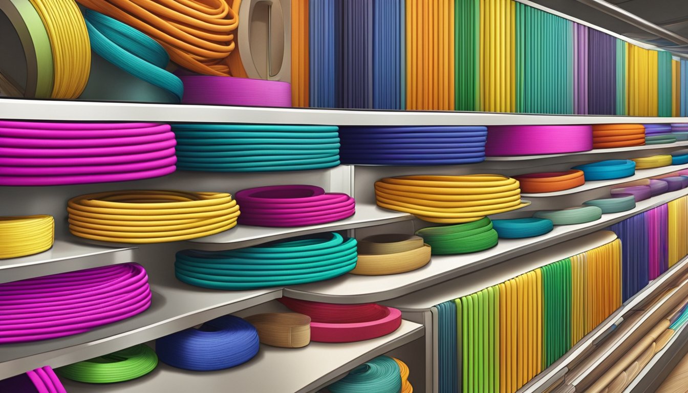 A display of colorful elastic cords neatly arranged on shelves in a Singaporean craft store