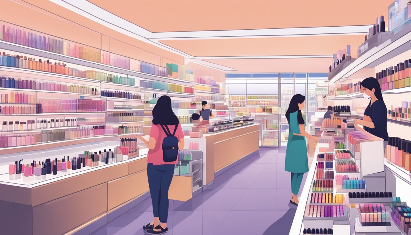 A brightly lit cosmetics store in Singapore displays various makeup sets on shelves and counters. Customers browse the selection, while a sales associate assists a shopper
