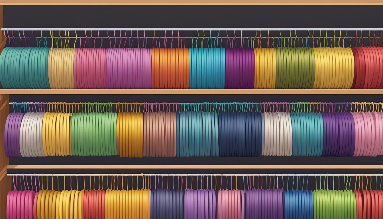 An array of colorful elastic cords neatly organized on shelves in a Singaporean craft store
