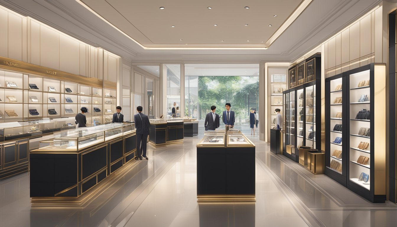 Luxury watch store in Singapore with various brands displayed, price tags visible, and customers browsing