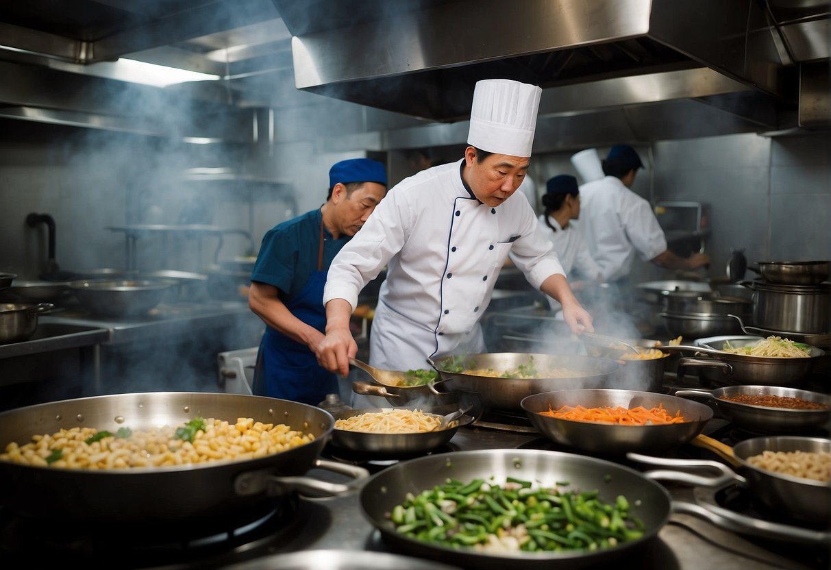 A bustling kitchen with steaming woks, colorful ingredients, and chefs skillfully preparing Chinese dishes