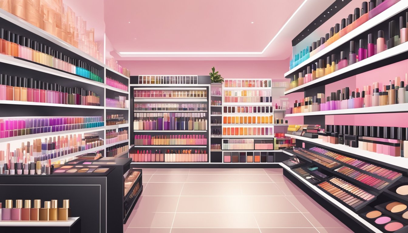 A vibrant display of makeup products in a sleek, modern store in Singapore, with shelves neatly organized and well-lit. A variety of makeup sets and tools are showcased, inviting customers to explore and purchase