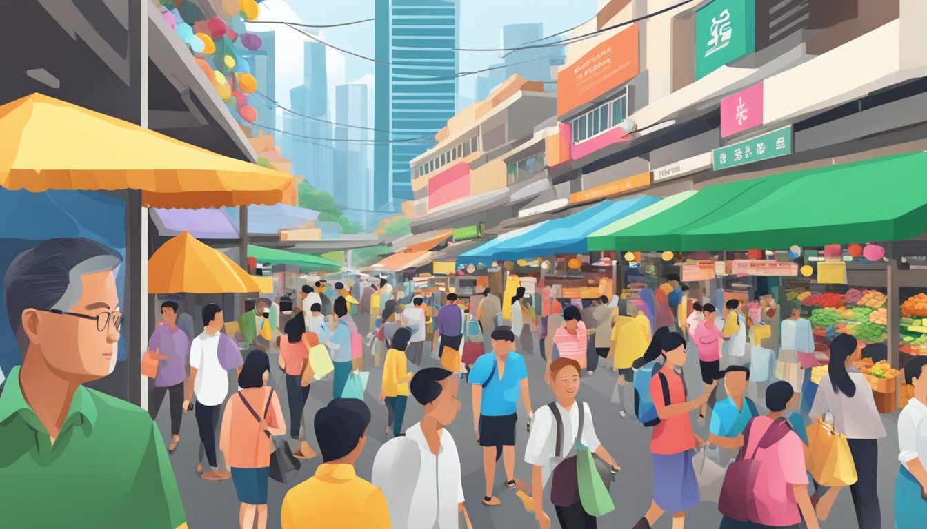 A bustling Singapore market with colorful signs and busy shoppers seeking value buys