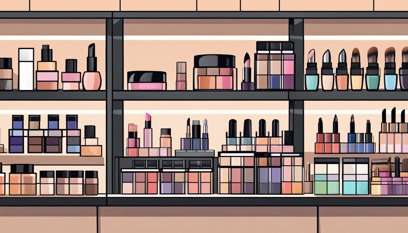 A variety of makeup products displayed on shelves in a well-lit, organized beauty store in Singapore. Labels indicate different skin types and shades