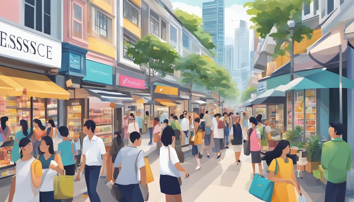 A busy street in Singapore, with bright storefronts and Essence Cosmetics signage. Shoppers browse and purchase products, while a bustling cityscape looms in the background