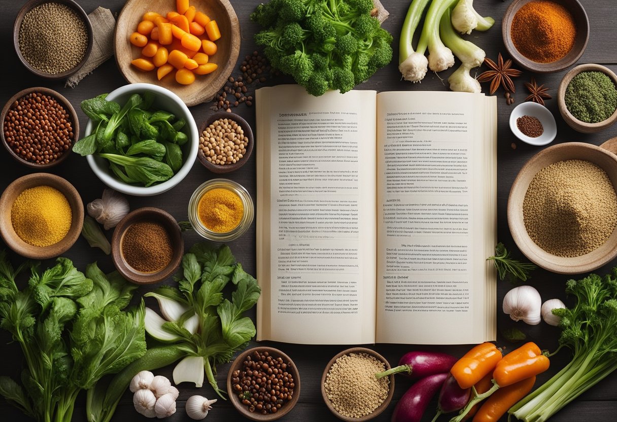 A table filled with colorful vegetables, herbs, and spices, along with a cookbook open to a page of traditional Chinese recipes for cancer patients