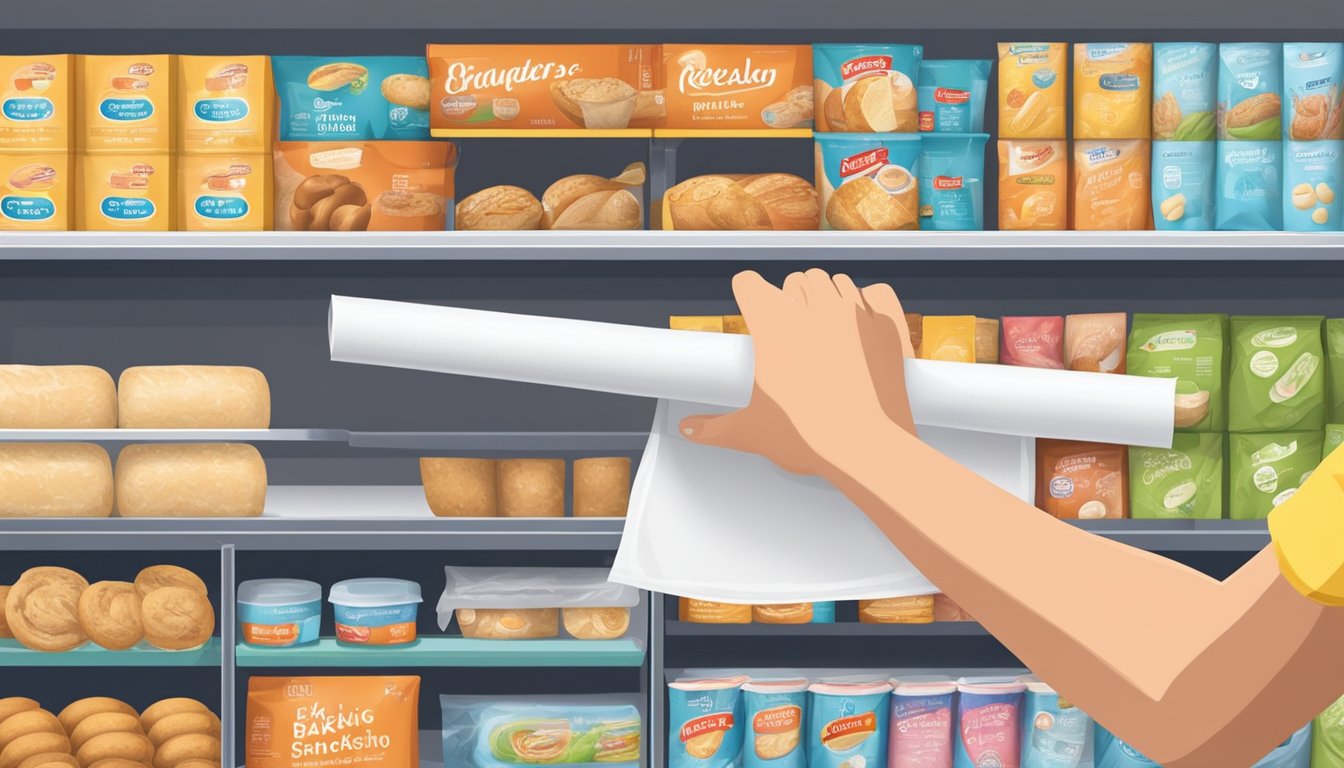 A hand reaches for a roll of baking paper on a shelf in a supermarket in Singapore. The packaging is labeled with the product name and price