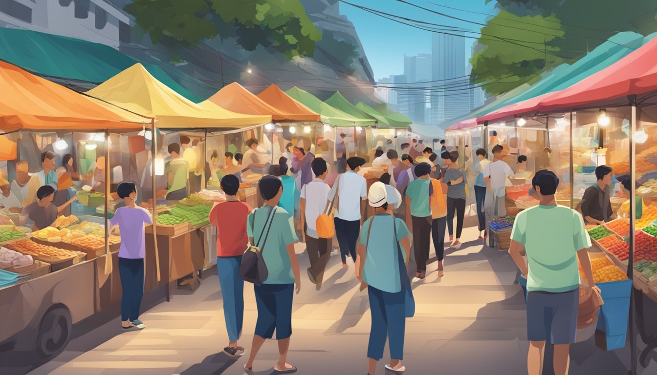 A bustling Singapore street market, with colorful stalls selling unique souvenirs, traditional crafts, and delicious street food