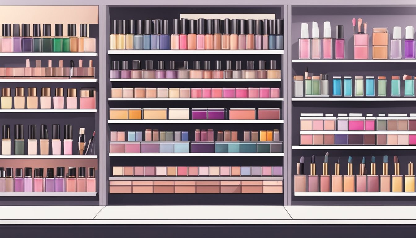 A makeup set displayed on a clean, well-lit shelf in a modern Singaporean beauty store. Various products neatly arranged with price tags