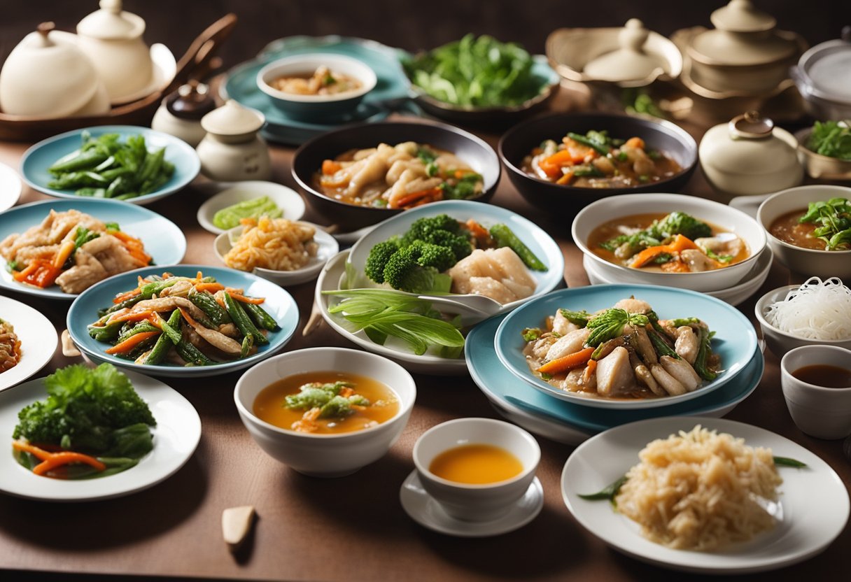 A table set with a variety of colorful and nutritious Chinese dishes, including stir-fried vegetables, steamed fish, and herbal soups