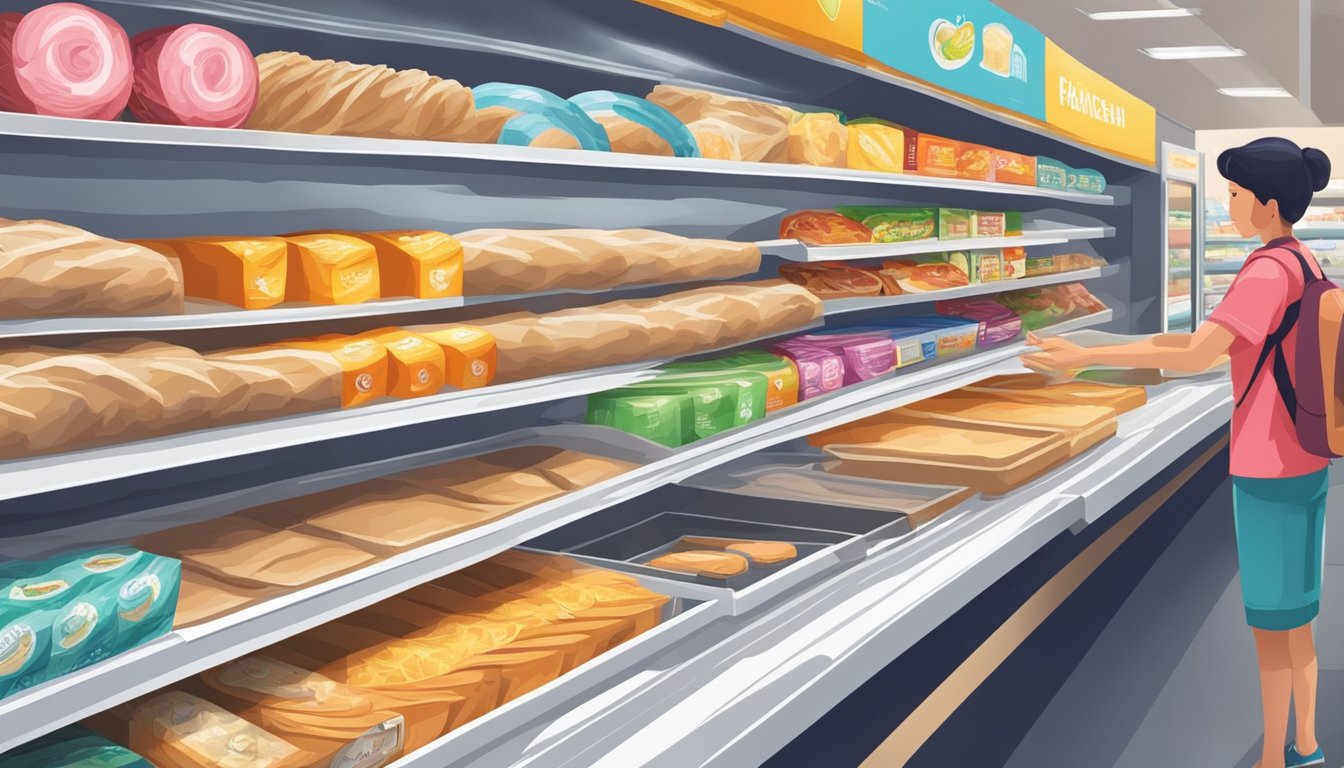 A hand reaching for a roll of baking paper on a shelf in a grocery store in Singapore. The packaging is colorful and eye-catching